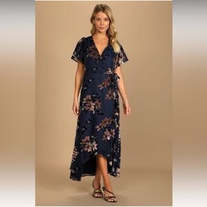 Lulu’s Bistro Dates Navy Blue Burnout Velvet Jacquard Wrap Maxi Dress Size M NWT